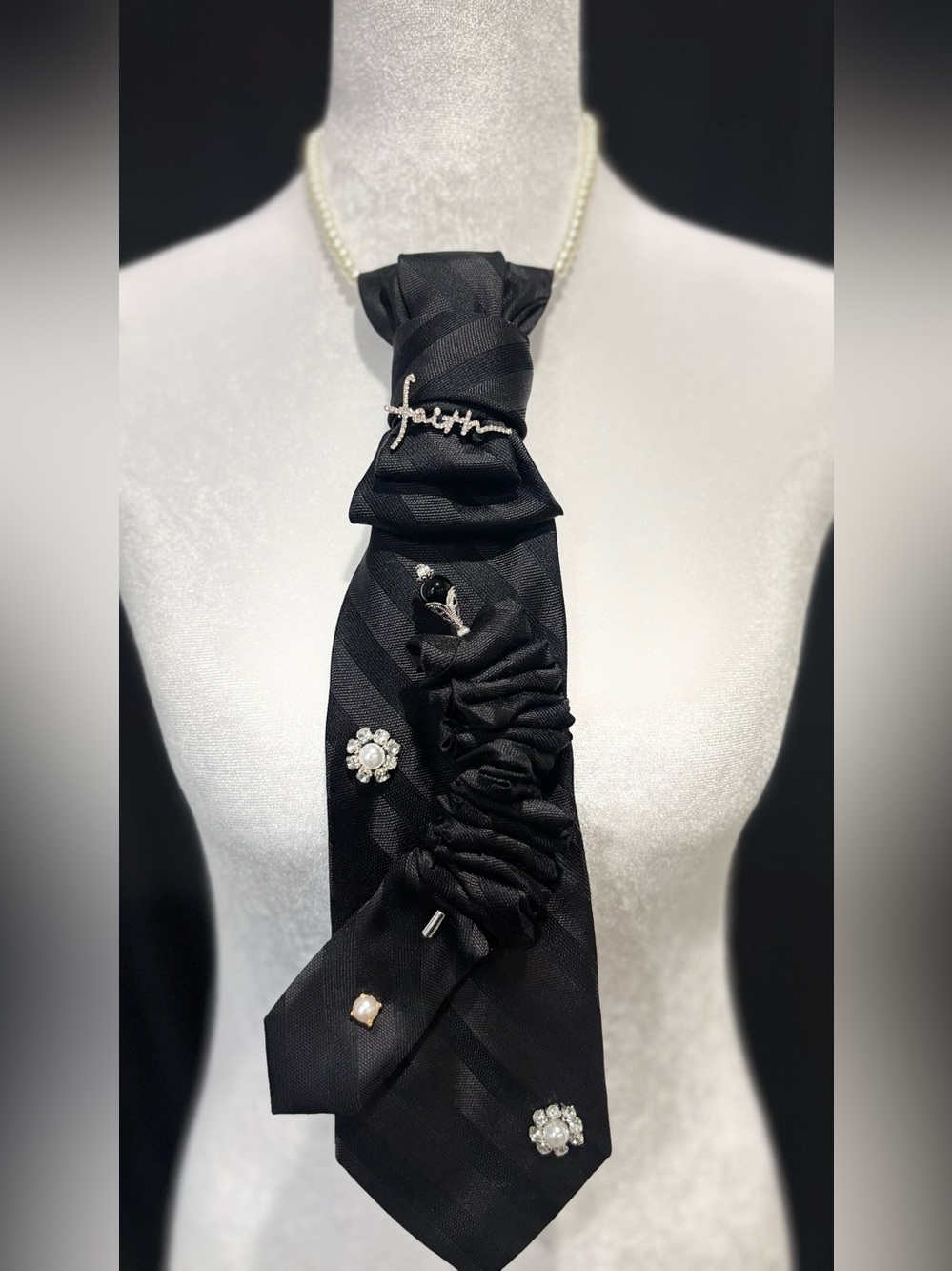 Black Striped Silk Tie with Pearl & Crystal Accents